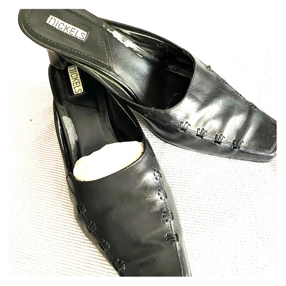 Leather; low heeled slip-on